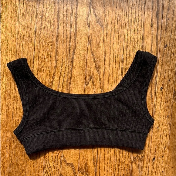 Skims Black Cotton Waffle Knit Thermal Ribbed Scoop Loungewear Bra - Picture 2 of 4